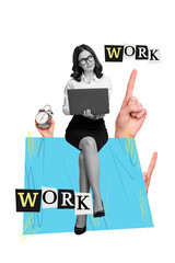 Poster - Vertical collage of mini black white colors girl use  netbook look big arm point finger work isolated on beige background