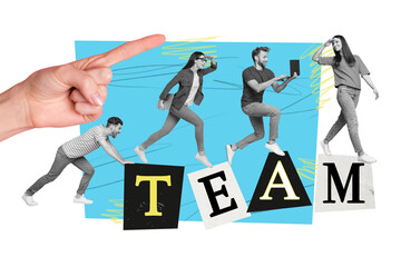 Poster - Artwork collage image of big arm point finger mini black white colors coworkers team run use netbook push forward isolated on beige background