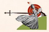 Trend artwork composite banner photo collage of young woman walk hold air fashion dress sword attack gun gullet historical costume style