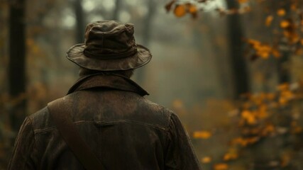 Poster - A person wearing a hat stands in a forest setting