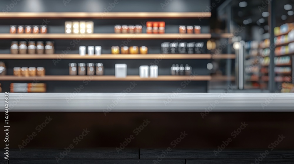 Modern Store Counter with Blurred Shelves of Products