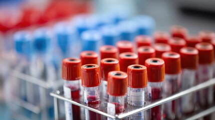 Aufkleber - Blood Sample Tubes in a Lab Rack, Neatly Organized for Testing in a Clinical Environment With Soft-Focus Background Elements