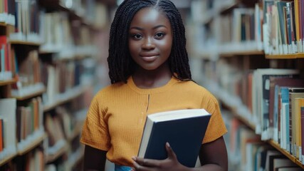 Poster - A girl is holding a book and reading in a quiet library setting