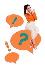 Poster - Creative abstract template graphics collage image of excited funky lady sitting speaking bubble isolated colorful background