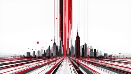 Wall Mural - Abstract Urban Skyline with Dynamic Lines and Geometric Shapes in Red and Black Colors