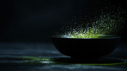Wall Mural - Bright green matcha explodes from a black bowl, frozen in time, minimalist style with Zen calmness