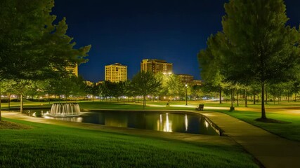 Poster - A serene pond surrounded by lush trees and park buildings, ideal for outdoor recreation or relaxation