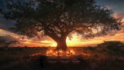 Poster - A rustic dinner setup surrounded by nature, perfect for a family gathering or romantic evening
