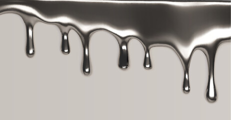 Poster - Liquid silver border isolated on background. Vector realistic illustration of molten chrome substance with glossy drops, metallic paint splash, smooth platinum, steel, aluminum frame with blobs