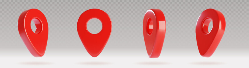 Poster - 3D red map pointer pin icons set - glossy location markers with transparent shadows isolated on gray background. Shiny drop shaped navigation symbols for GPS, travel, delivery service apps UI design.