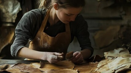 Poster - A woman in an apron is crafting something on a piece of wood