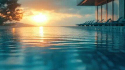 Poster - A serene scene of a sunset over a pool with lounge chairs, perfect for relaxation or travel ads