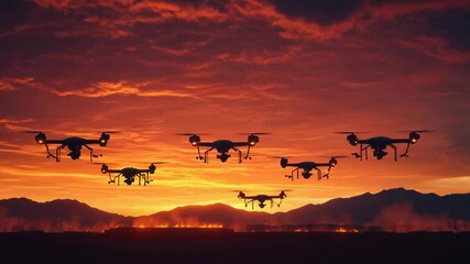 Poster - Aerial vehicles flying in the sky at sunset, a modern technology display