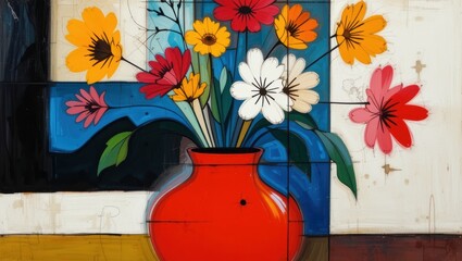 Wall Mural - Colorful still life painting of a vibrant vase filled with blooming flowers against an abstract background