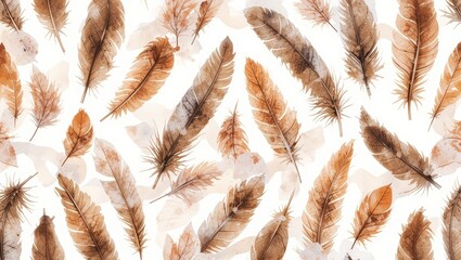 Wall Mural - watercolor illustration of delicate brown and orange feathers in a natural abstract pattern