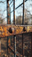 Poster - Weathered barrier: A close-up of time's mark on aging iron fence elements