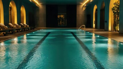 Poster - Swimming pool with lounge chairs and colorful lights