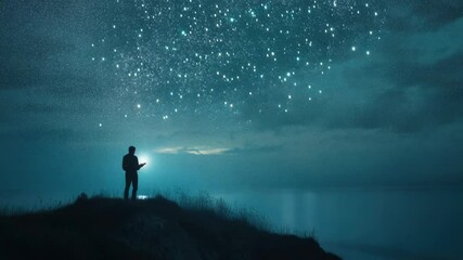 Poster - A person stands at the top of a hill gazing up at a clear night sky filled with stars
