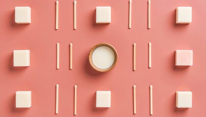 Poster - Creative minimalist table arrangement with white blocks and wooden sticks studio setting aesthetic photography