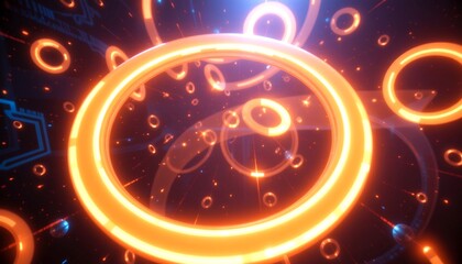 Poster - Illuminated neon rings and abstract shapes create a dynamic digital art scene. The scene uses glowing rings and abstract shapes in a dark, high-tech environment