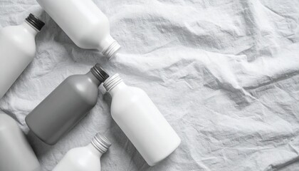 Poster - Artistic display of gray and white bottles minimalist setup product photography studio environment top-down view modern aesthetic
