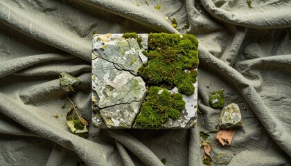 Poster - Exploring textures of nature moss and stone composition indoor studio photography minimalist aesthetic top-down perspective organic beauty