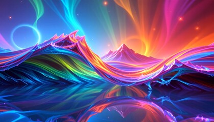 Poster - A vibrant illustration of a landscape with colorful light and mountains and beautiful water reflection. The scene is filled with bright, swirling colors that evoke a sense of wonder and fantasy