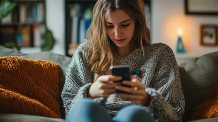 Aufkleber - A woman sits on a couch looking at her cell phone, modern lifestyle scene