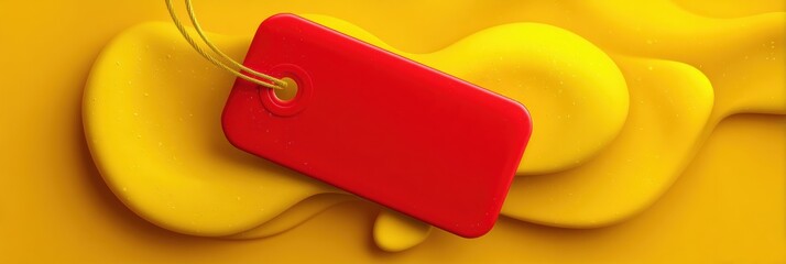 Fototapete - Glossy Red Price Tag Resting on a Bright Yellow Abstract Shape in a Minimalist Design Setting