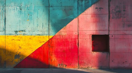 Poster - Geometric interplay of color and texture on a weathered concrete structure