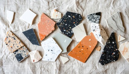 Poster - Artistic display of colorful marble fragments on neutral fabric creative photography indoor setting close-up view