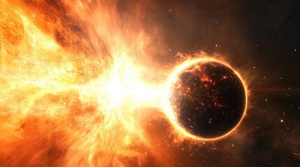 Wall Mural - Fiery Solar Explosions with Dark Planet Against Cosmic Background
