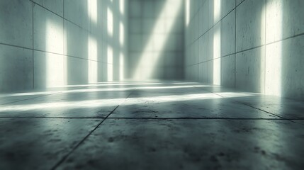 Poster - Illuminated corridor with grid-like concrete walls and sunlight streaks