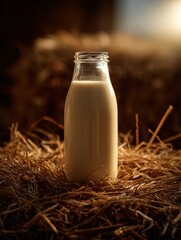Aufkleber - Goat Milk Bottle Resting on Straw With Soft Lighting in Rustic Farm Setting During Golden Hour