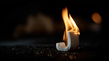 Wall Mural - Close-Up of a White Letter J Birthday Candle with Fire on a Black Background.