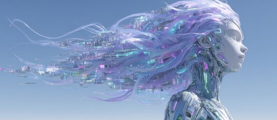 Poster - Flowing fabric adorns a neon woman, set against a backdrop of light rays, in a digital art piece that serves as a website banner