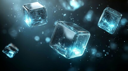 Poster - In a futuristic illustration, 3D cubes emitting a blue glow are set against a dark background, symbolizing a digital technology concept that embodies innovation and virtual reality