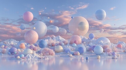 Poster - a surreal landscape of pastel pink and blue colors is set on a fantasy world or a distant space plan
