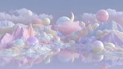Poster - a fantasy world or space planet depicted in a surreal mountain landscape with trendy pastel pink and