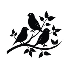 silhouette of three sparrows perched on a curved branch with falling leaves on white background