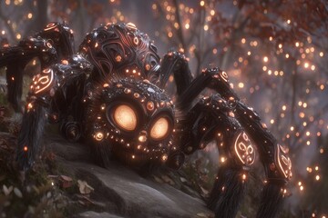 Poster - A dark setting provides the background for a macro shot of an extraterrestrial being composed of liquid metal, with a fractal head, glowing eyes, and tentacles