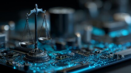 Poster - A digital depiction of justice scales superimposed on a circuit board background