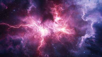 Wall Mural - cosmic storm with bright lightning and nebula in deep space