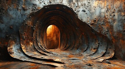 Poster - Abstract decaying gateway with textured rusted metal layered tunnel entrance