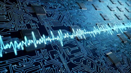 Poster - Animated Circuit Board with Glowing Waveform Illustrating Data Flow and Processing