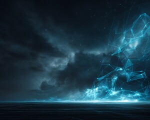 Poster - Digital technology, virtual environments, and the flow of cyber data are represented by a futuristic landscape that boasts a sleek design and a prominent glowing wireframe grid