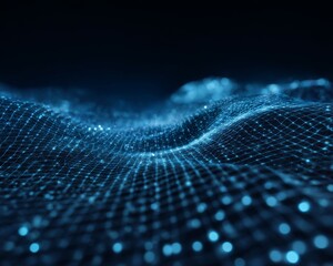 Poster - A digital, abstract environment is showcased in a futuristic landscape with a glowing wireframe grid, featuring connected network lines that represent data, technology, and virtual spaces