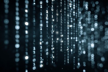 Poster - Digital data stream background featuring binary code illustrates the flow of information related to cyber security technology
