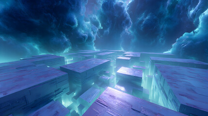 Poster - Futuristic city landscape with glowing blue fog and structures in the sky, creating an otherworldly atmosphere