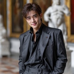 Poster - A young man in a black suit and tie is smiling for the camera